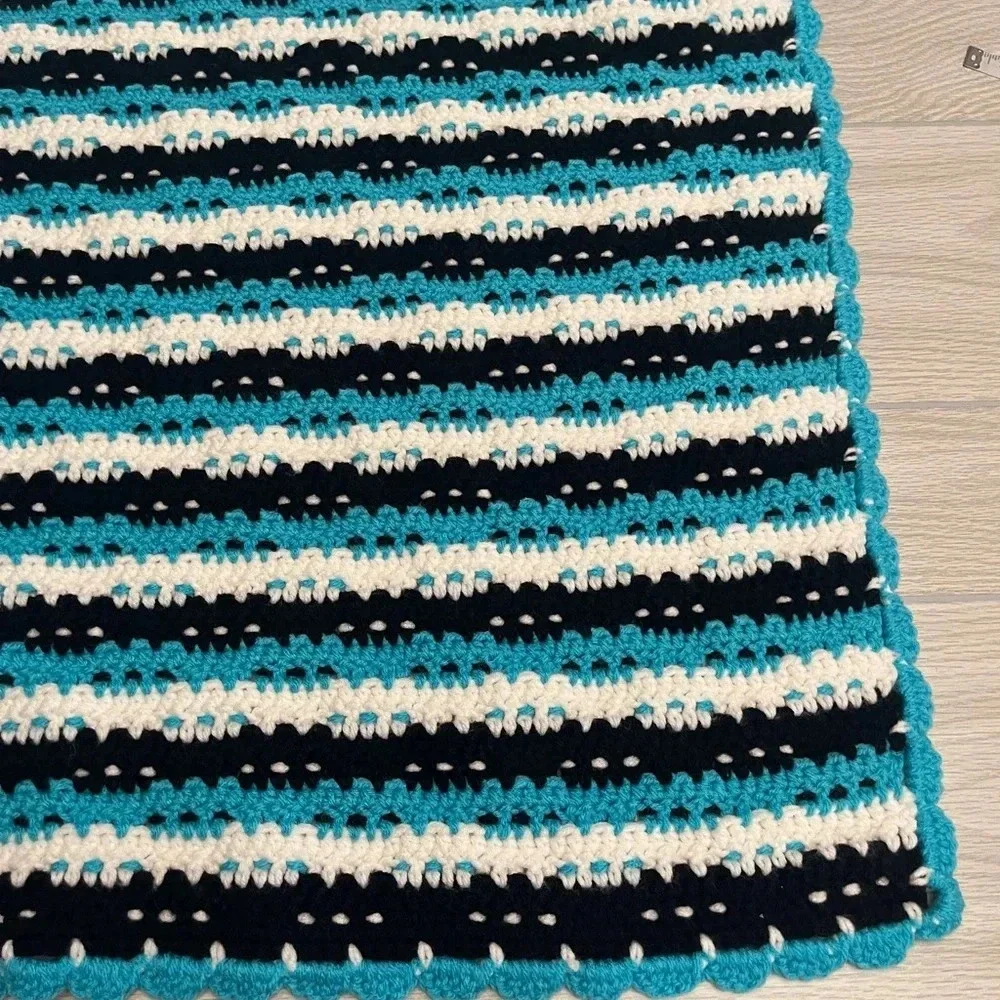 Hand Crochet Teal White Black Acrylic Baby Blanket 38”W x 40”L